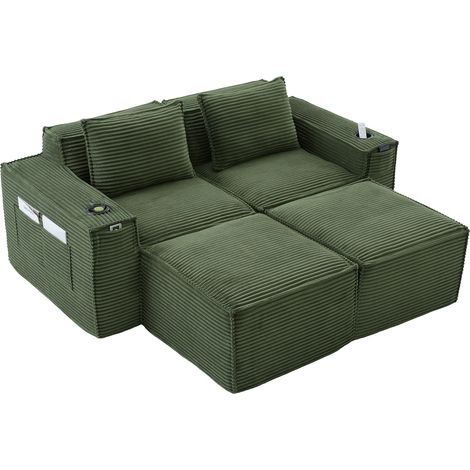 Sofá modular de 2 plazas en terciopelo acanalado verde con 2 pufs, portavasos y bolsillos laterales (1/5)