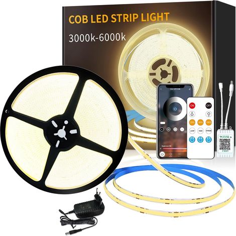 Ruban LED 15M Contrôle APP avec Télécommande Bande LED COB Flexible Dimmable DC24V 3000K Blanc Chaud Convient pour Chambre Chambre DIY Décoration (1/5)