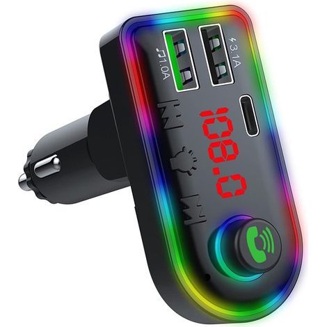 Longziming - Émetteur FM Bluetooth 5.0 pour voiture – Charge rapide 3,1 A – Adaptateur allume-cigare avec éclairage d'ambiance 7 couleurs (1/5)