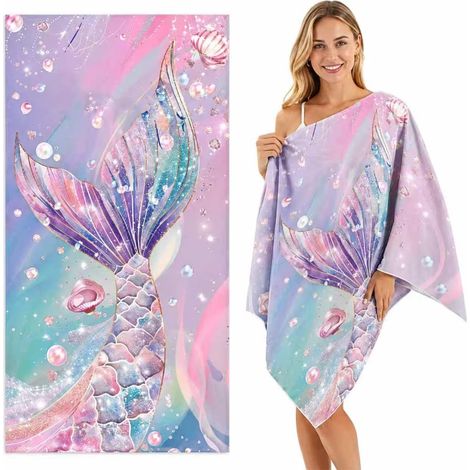 Serviette de Plage Sirène 70x140 cm, 1 Pièce en Microfibre Compacte et Anti-Sable, Drap de Bain Léger à Séchage Rapide et Ultra Absorbant pour Voyage, Piscine et Sport (1/5)