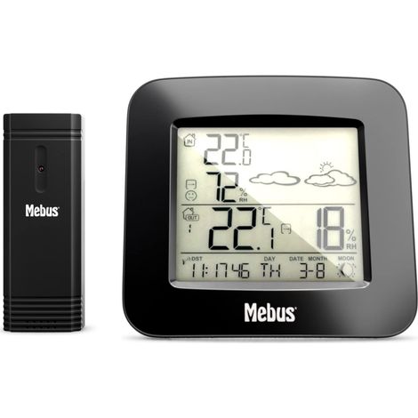 MEBUS Funk-Wetterstation mit Außensensor Thermometer Hygrometer Wettervorhersage Mondphasen Wettertrend, Alarm mit Weckwiederholung, Kalender/Material: Kunststoff/Farbe: Schwarz/Modell: 40715 (1/5)