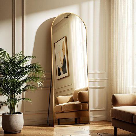 Miroir sur Toute la Longueur, 45 x 147 cm, Longueur du Sol Arrondi, avec Cadre en Alliage d'aluminium, Miroir sur Toute la Longueur avec Support, Debout, Suspendu ou appuyé Contre Le Mur, doré (1/5)
