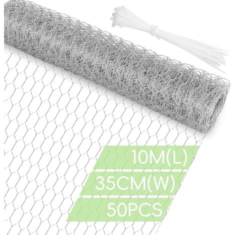 Grillage à poule galvanisé 10m x 35cm - Filet de protection jardin clôture pour volaille et potager avec 50 colliers de serrage (1/5)