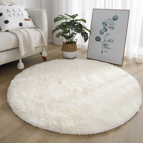 Tapis en velours à poils longs avec envers antidérapant - hauteur de poils de 4 cm - diamètre de 80 cm - blanc - motif tie-dye circulaire ultra-doux (1/5)