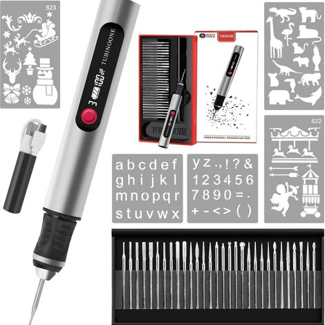 Penna per incisione portatile senza fili per artisti e appassionati del fai da te - Incide su 50 superfici - Ideale per principianti - Ricaricabile - 30 punte, guida e stencil - ALTRO (1/4)