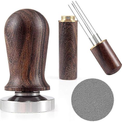 Ensemble tasseur et agitateur à café expresso 51 mm - Poignée en bois - Tasseur calibré à ressort avec mousse de qualité supérieure (1/5)