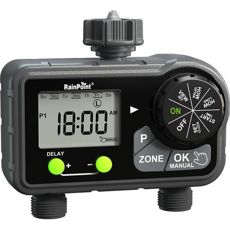 Temporizador programable para manguera RAINPOINT, temporizador con retardo por lluvia y riego manual, temporizador de riego para jardín, 2 salidas (1/5)