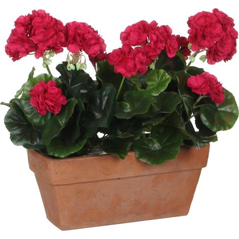 Géranium artificiel rose foncé avec jardinière en ciment terra L29 x l13 x H40 cm - PANGIVO (1/5)