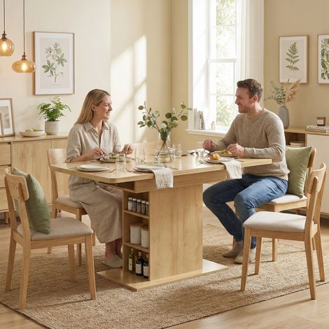 Mesa de comedor rectangular extensible para 4 a 6 personas, mesa de cocina de 110-130 cm, 6 estantes abiertos, madera natural.
