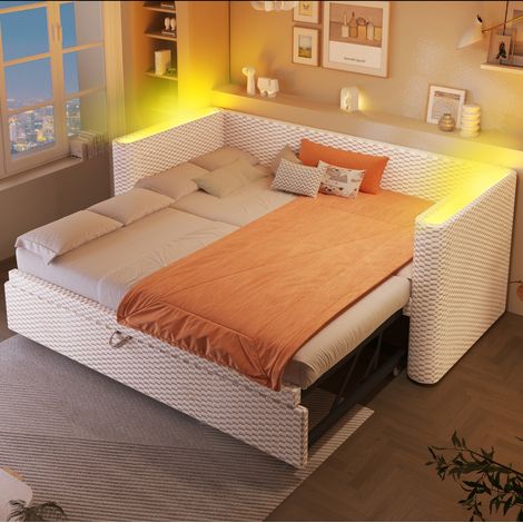 Divano letto in velluto beige 90x200 cm con letto estraibile, LED integrata e rete a doghe (1/5)