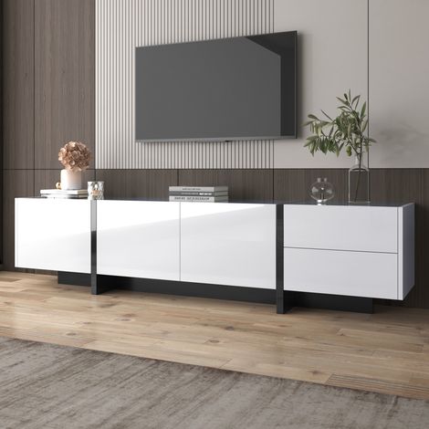 Meuble TV bas avec pieds color-block blanc et noir brillant, meuble TV avec 3 portes et 2 tiroirs, étagères ouvertes, design épuré, 190 x 35 x 35 cm (1/5)