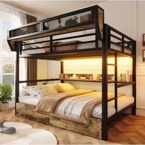Letto a castello per bambini 140x200 cm, letto per adulti con illuminazione a LED, mensola, cestino e 2 cassetti, in metallo nero. (1/5)