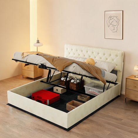 Tête de lit beige en tissu métal 200 x 160 x 156 cm (1/5)