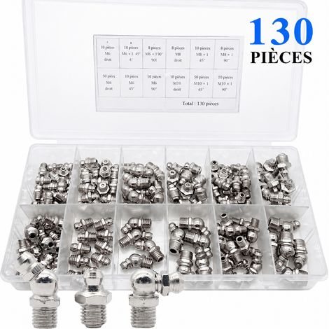 Coffret de 130 Graisseurs Droits M6 M8 M10 Raccords de Graissage Métal Nickelé Véhicules Machines 660 g – Livraison gratuite (1/5)