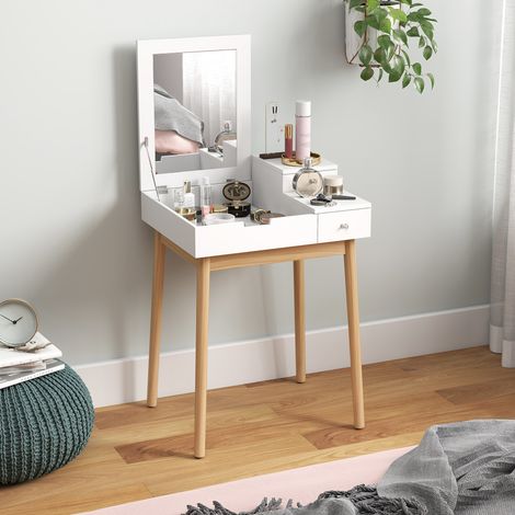 Schminktisch mit Spiegel, moderner Stil – 2 Schubladen, Klappspiegel für Schlaf- und Wohnzimmer, 60 x 50 x 85,5 cm, weiß
