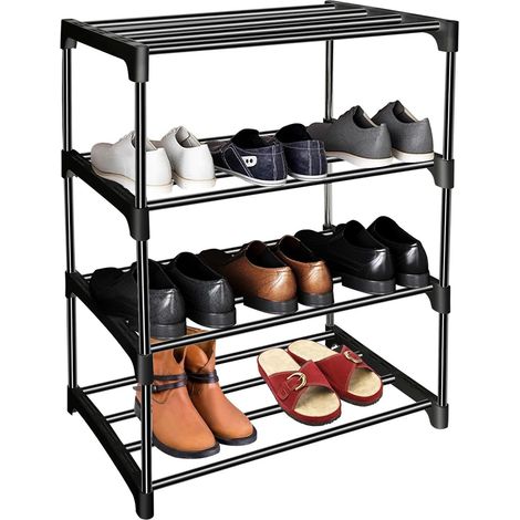 Étagère à Chaussures 4 Niveaux, Empilable Meuble Chaussure en Métal, Meuble de Rangement Chaussure pour 8 Paires, Porte Chaussures pour Entrée, Salon, Chambre, Dressing, Couloir (Noir) (1/5)