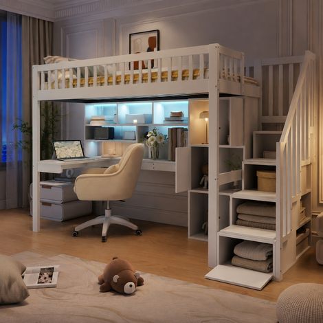 Letto a soppalco per bambini 90x200 cm in legno bianco con scrivania e vani - MEUBLIV (1/5)
