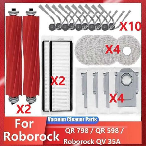 Pièces compatibles pour aspirateurs Roborock QR 798 / QR 598 / Roborock QV 35A : rouleau principal, brosse latérale, filtre HEPA et chiffon de nettoyage