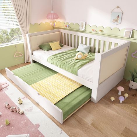 Cama nido moderna 90x200 cm de madera blanca con cama extraíble 90x190, cabecero acolchado y somier de láminas (1/5)