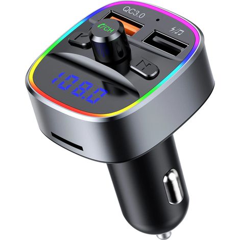 Trasmettitore Bluetooth per auto, adattatore ricevitore radio per auto con luce ambientale blu, chiamate in vivavoce e doppio caricatore USB. (1/5)