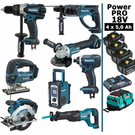 Pack Power PRO 8 outils 18V: Perceuse DDF458 + Perfo DHR202 + Meuleuse DGA504 + Visseuse à choc DTD152 + Scie sauteuse DJV180 + (1/5)