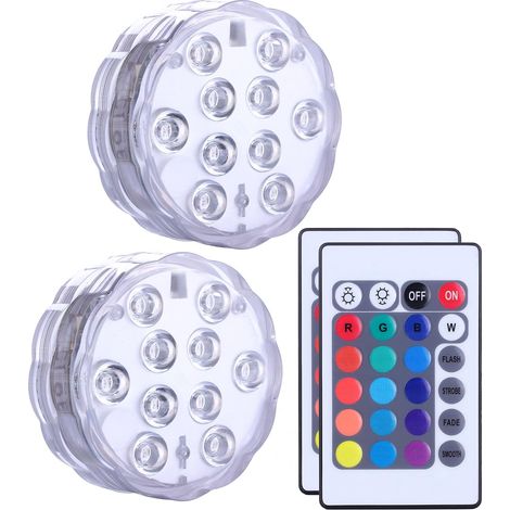 Luces LED sumergibles con control remoto y pilas, iluminación multicolor impermeable para piscina, base, spa, acuario, estanque, jacuzzi, decoración, fiesta (paquete de 2) (1/5)