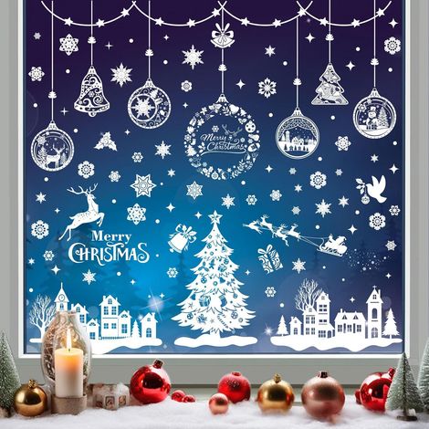 244 pegatinas blancas navideñas para ventanas, adhesivos electrostáticos de PVC con forma de copos de nieve y árboles, decoración navideña removible y reutilizable para ventanas interiores y escaparat