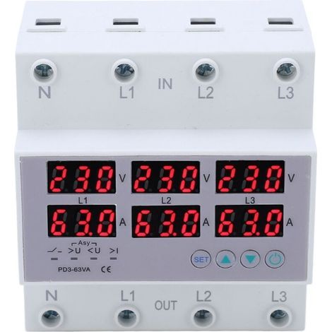 Voltmètre à Rail DIN triphasé, ampèremètre, protecteur automatique de surtension et de surintensité, AC 390 à 500V, 63A (1/5)