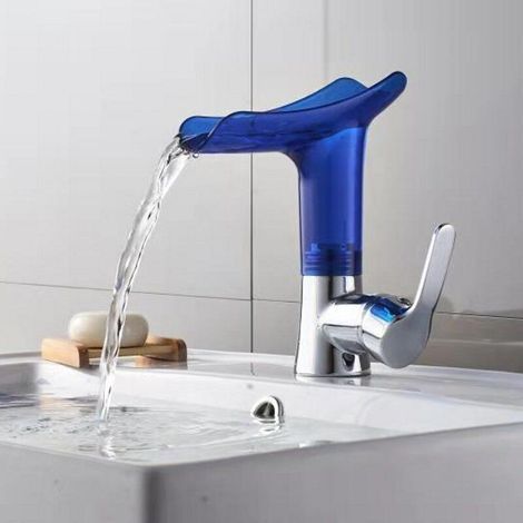 Copper Waterfall Sink Hot and Cold Water Bathroom Cabinet Washbasin Household Countertop Basin Faucet,Blue (1/5)