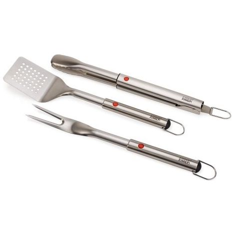 GrillOut™ Joseph Joseph, set per barbecue da 3 pezzi de, con forchettone, spatola e pinze, manico retrattile, acciaio inox, scarico del grasso de, utensili staccabili - acciaio inox