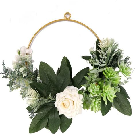 Couronne de porte printemps-été, couronne de porte artificielle avec feuilles vertes, couronnes pour porte d'entrée, couronne décorée à suspendre avec roses artificielles-AquaForge (1/5)