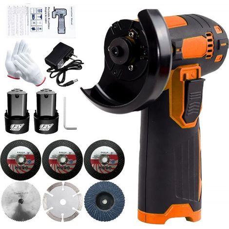 Meuleuse d'angle, Weytoll Mini Meuleuse Sans Fil 12V 19500RPM avec 6 Disques à Tronçonner Ø 76 mm, 2 Batterie 1300mah - Orange (1/4)