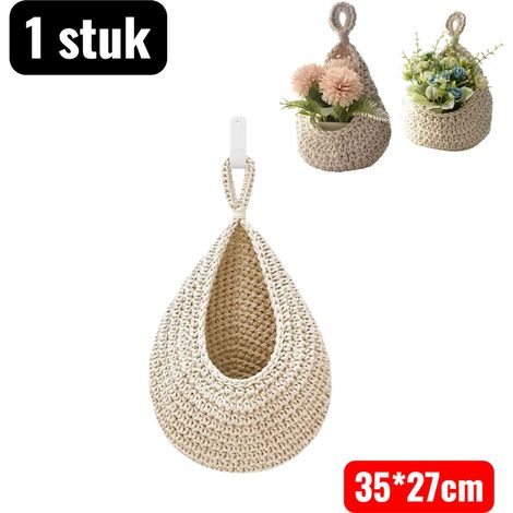 1 panier à fruits suspendu beige en maille 35 x 27 cm fait main en forme de goutte pour ranger fruits et légumes dans la cuisine et pouvant également servir de vase décoratif pour la maison (1/4)