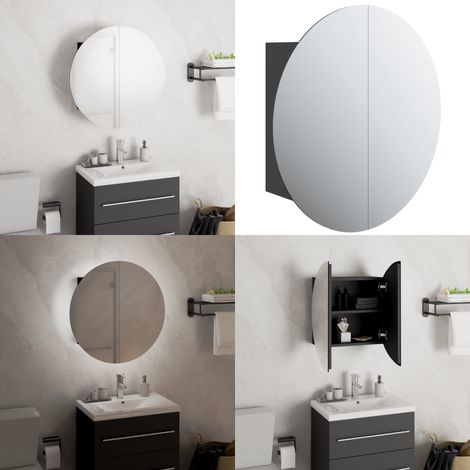 Badezimmerschrank mit Rundem Spiegel & LED Schwarz 40x40x17,5cm - Badezimmermöbel - Kosmetiktisch - Spiegelkommode - Holzwerkstoff Möbel - LED Beleuchtung - Home & Living