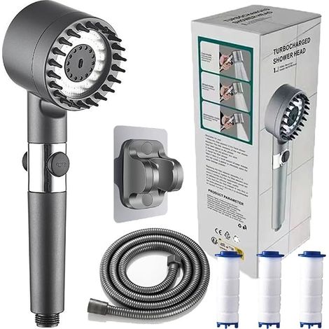 Cabezal de Ducha con Filtro, Cabezal de Ducha con Manguera, Ahorro de Agua de Alta Presión 3+1 Tipos de Chorro, Ajustable para Agua con Cloro Residual, Agua Dura, Metales Pesados (1/5)