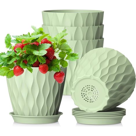 12.7cm Pot de Fleur Interieur, Lot de 5 Plastique Pot Plante avec Drainage et Soucoupes, Design Ondulé 3D Moderne, Pot Semis pour Succulentes, Cactus, Vert (1/5)