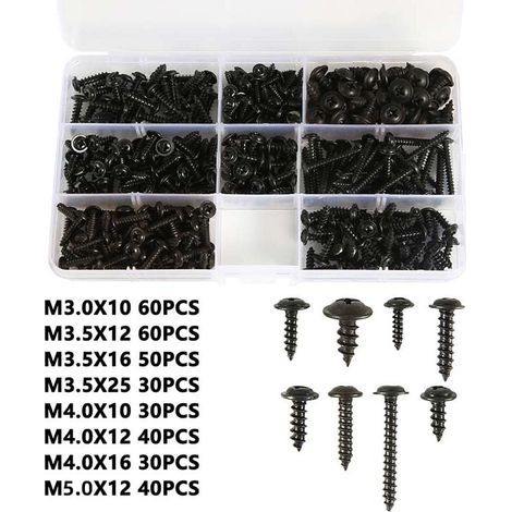 Surtido de 340 tornillos autorroscantes M3, M3.5, M4 y M4.8, color negro, cilíndricos, para chapa metálica. Tornillos autoperforantes de alta calidad, duraderos, con revestimiento de zinc negro y prác (1/4)