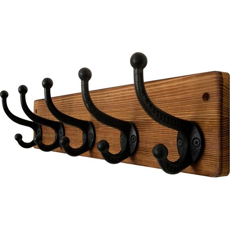 Porte Manteau Mural Patère Murale Patere Porte Manteau Bois Avec 5 Crochets en Fonte pour Manteaux Veste,Marron (1/5)