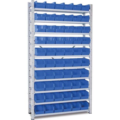 BRB Steckregal verzinkt, 10 Böden, BxTxH 1070x315x2 mm mit 60 Sichtboxen LB 4 (blau) (1/2)