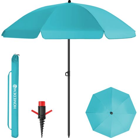 HOMEDEMO Parasol Plage Inclinable avec Revêtement Argenté, UV50+, avec Pieds de Parasol de Plage à hélice à Visser & Housse de Protection, pour Terrasse, Piscine, Marché, 180cm, Bleu clair