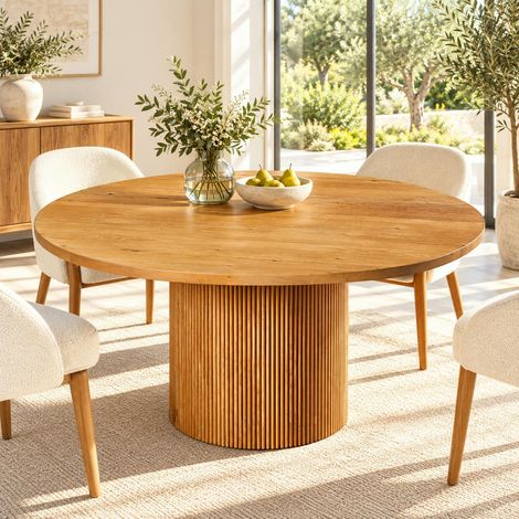 Table à manger ronde chêne clair pied rainuré Ø150 cm IENA (1/5)