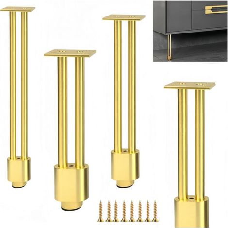 4Pcs Pieds de Meuble en Aluminium Allié - Pieds de Rechange métal pour Table, Armoire, Meuble de Salle de Bain, Canapé, lit - Support Solide et Durable (Doré, 25CM) (1/5)