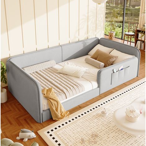 Einzelbett 90x200 cm grau aus Leinen mit Schaumstoffpolsterung und Rundum-Sicherheitsrahmen (1/5)
