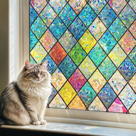 Film Fenetre Anti Regard Effet Arc-en-Ciel 60 x 200cm, Film Electrostatique Vitre Motif en Losanges Anti UV Non Adhesif Films (1/5)