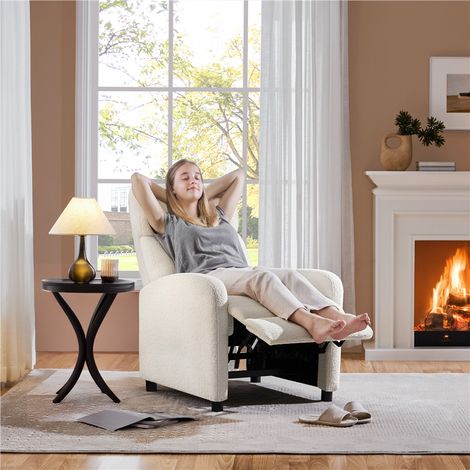 Yaheetech – Fauteuil relax en tissu bouclette ivoire – Dossier réglable jusqu'à 160° – Repose-pied – Capacité 120 kg – Dimensions 61,5x87x99 cm