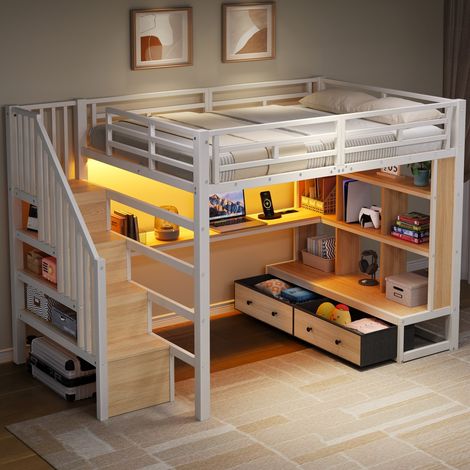 Lit mezzanine 140x200 métal blanc, avec bureau, étagères, 2 tiroirs intégrés et escalier de rangement, structure solide (sans Matelas) (1/5)