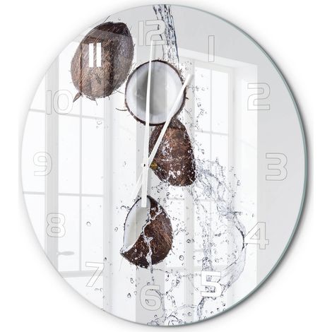 Horloge Murale Ronde Verre Trempé Chiffres Lisibles Silencieuse Moderne Noix de coco avec de l'eau fi 60 cm (1/5)