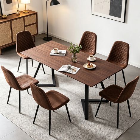 NEW 150CM Wooden dining table and 6 chairs set MDF table top Brown Suede Seat Metal Leg Chairs