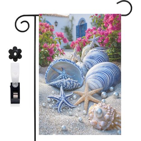 Drapeau de jardin bienvenue 30 x 45 cm motif coquillages escargots marins et perles toile double face (1/5)