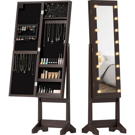 Coffre à Bijoux avec Miroir Lumineux LED, Meuble de Rangement sur Pieds, Organisateur Multi-Compartiments, Armoire de Présentation Marron Foncé (1/5)